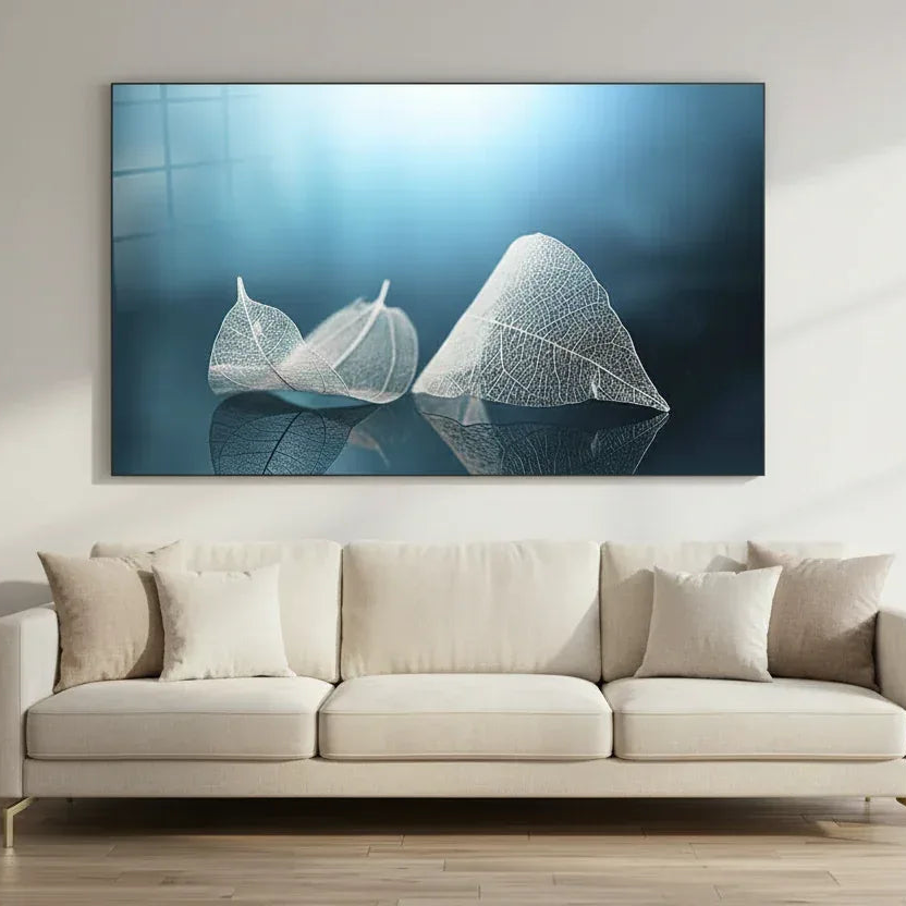 White & Blue Leaves Glass Wall Art - LUXARTDECO