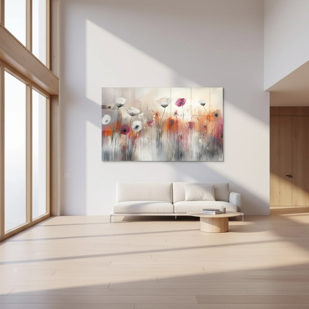 Rosso & Grigio Floreale Quadro in Vetro Temperato