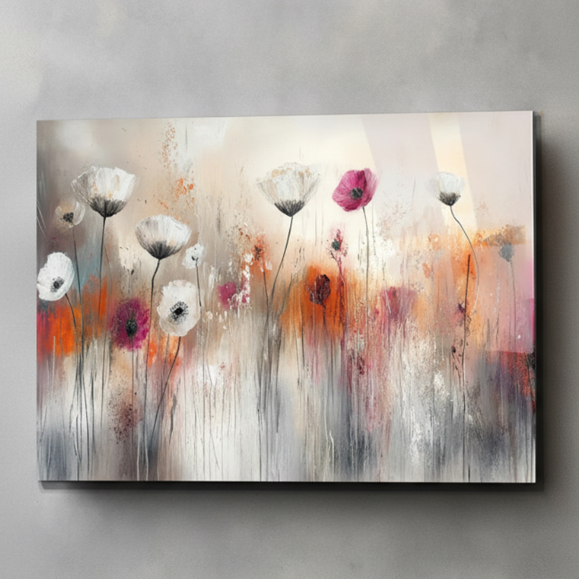 Rosso & Grigio Floreale Quadro in Vetro Temperato