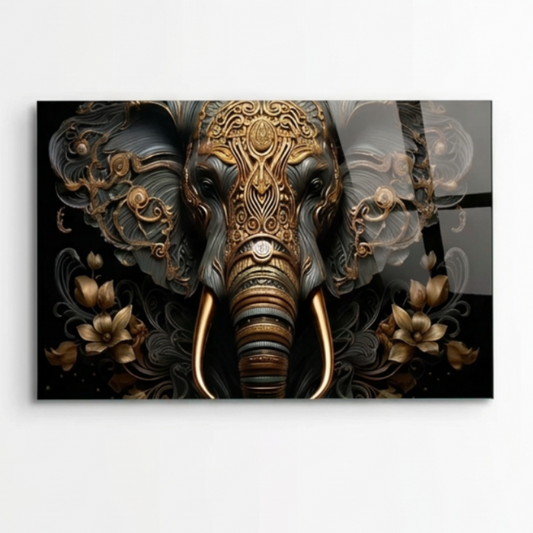 Éléphant Or et Marron Tableau en Verre Trempé