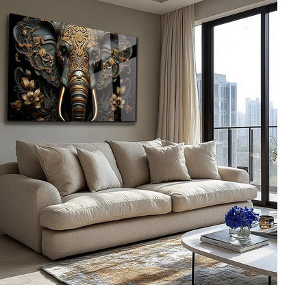 Gold & Brown Elephant Glass Wall Art - LUXARTDECO