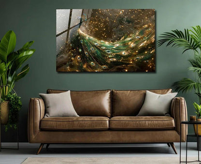 Gold & Green Peacock Glass Wall Art - LUXARTDECO