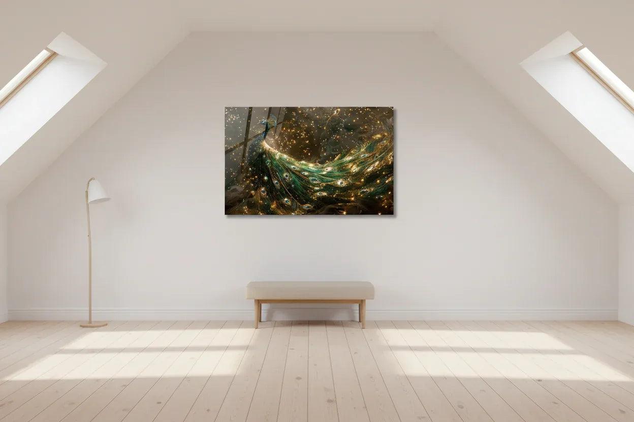 Gold & Green Peacock Glass Wall Art - LUXARTDECO