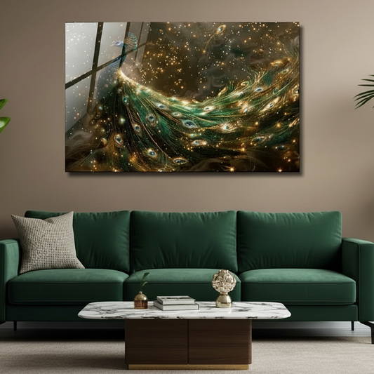 Or & Vert Peacock Tableau en Verre Trempé
