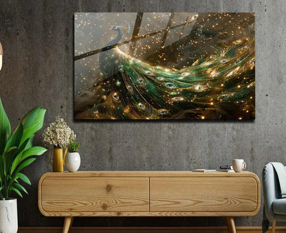 Gold & Green Peacock Glass Wall Art - LUXARTDECO