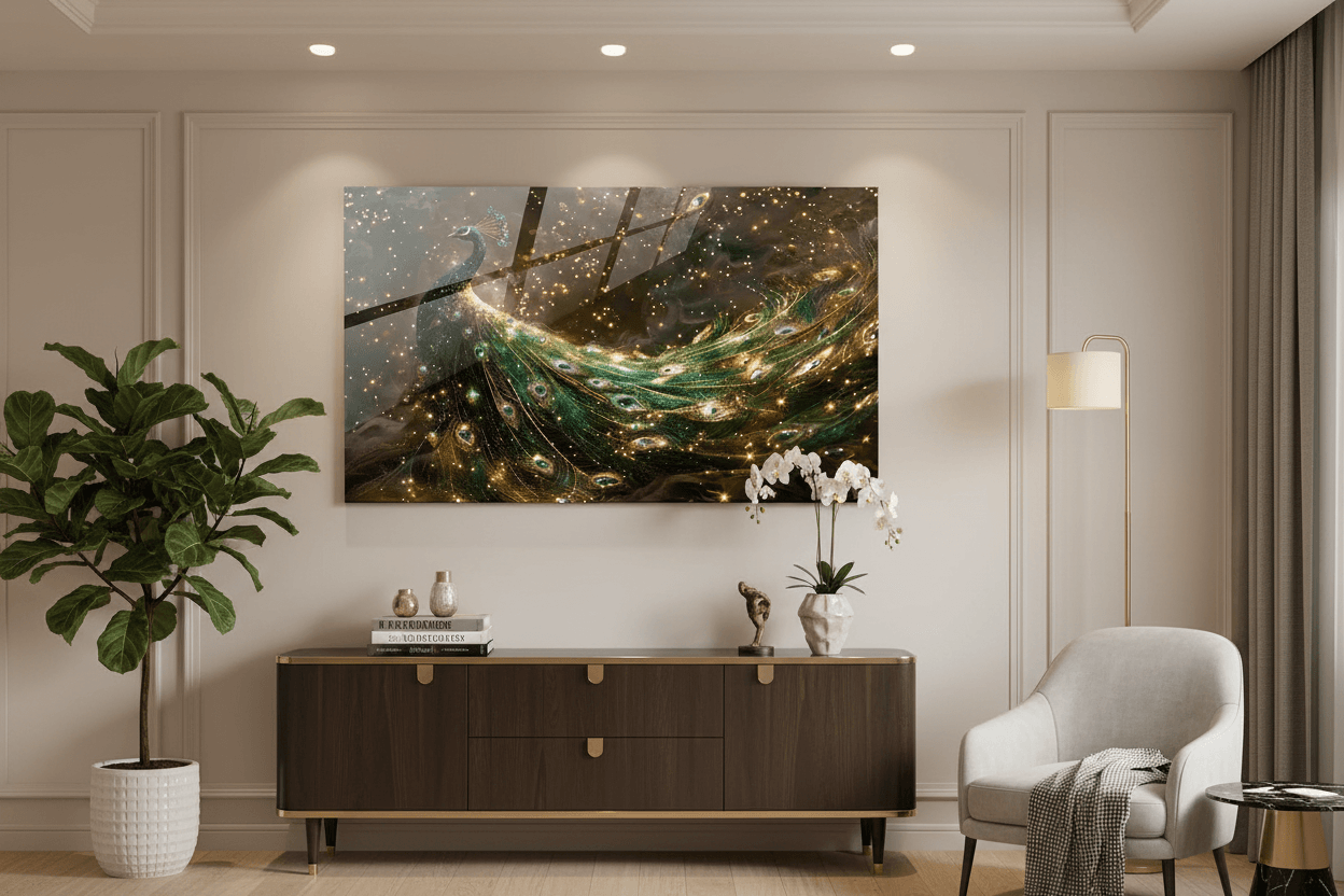 Oro & Verde Peacock Quadro in Vetro Temperato