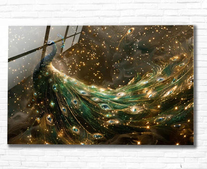 Gold & Green Peacock Glass Wall Art - LUXARTDECO