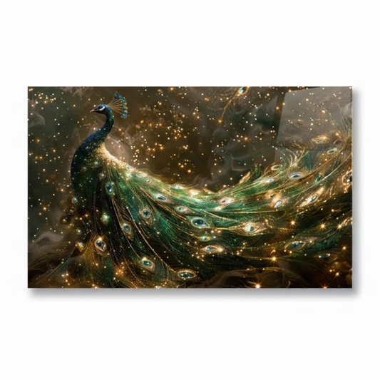 Or & Vert Peacock Tableau en Verre Trempé