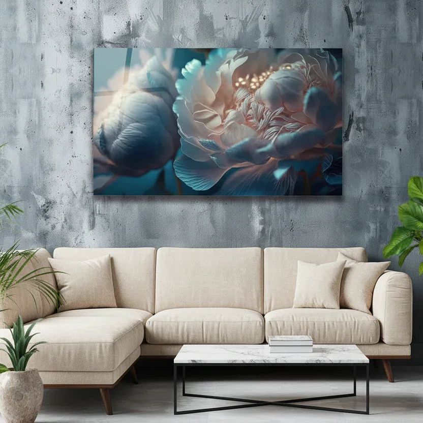 Blue Peony Glass Wall Art - LUXARTDECO