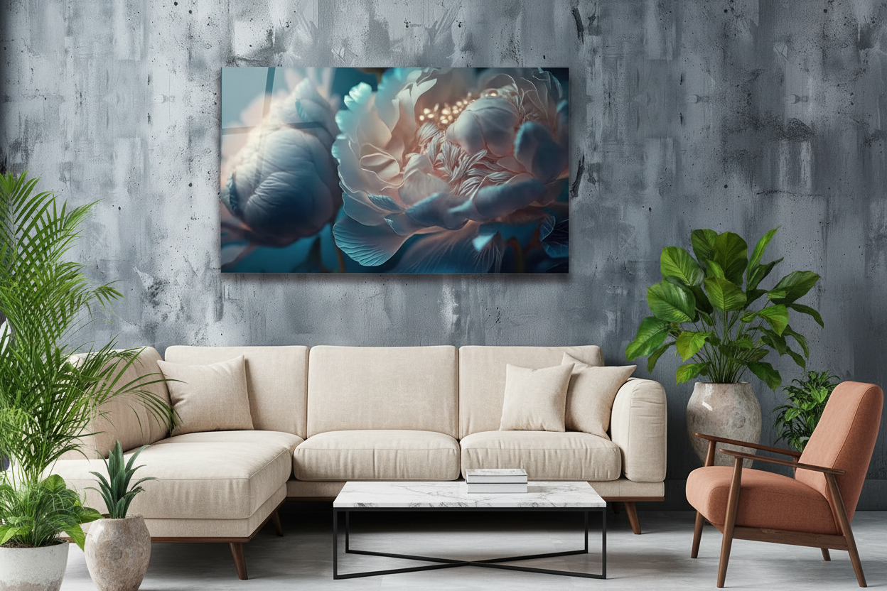 Decorazione murale in vetro con peonia blu