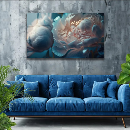 Blue Peony Glass Wall Art - LUXARTDECO