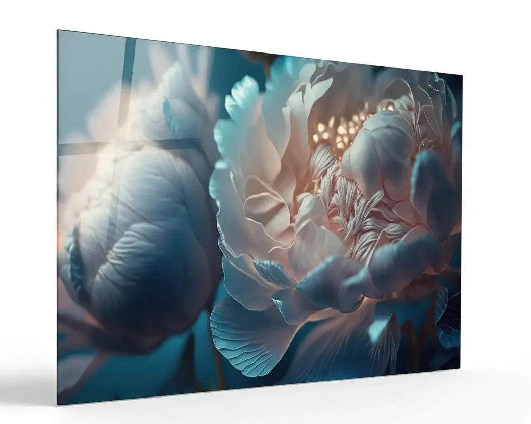 Blue Peony Glass Wall Art - LUXARTDECO