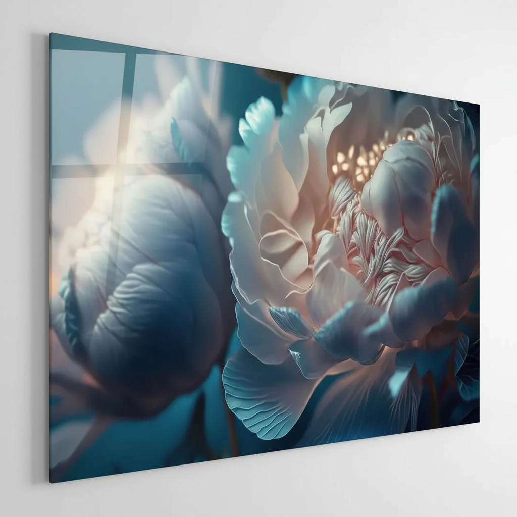 Blu Peony Quadro in Vetro Temperato