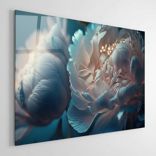 Blu Peony Quadro in Vetro Temperato