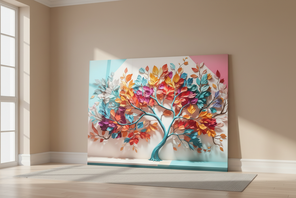 Décoration murale en verre représentant un arbre coloré 