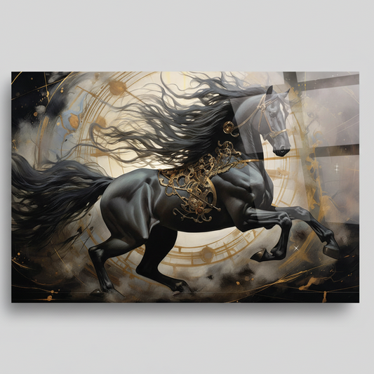 Cheval Noir Tableau en Verre Trempé