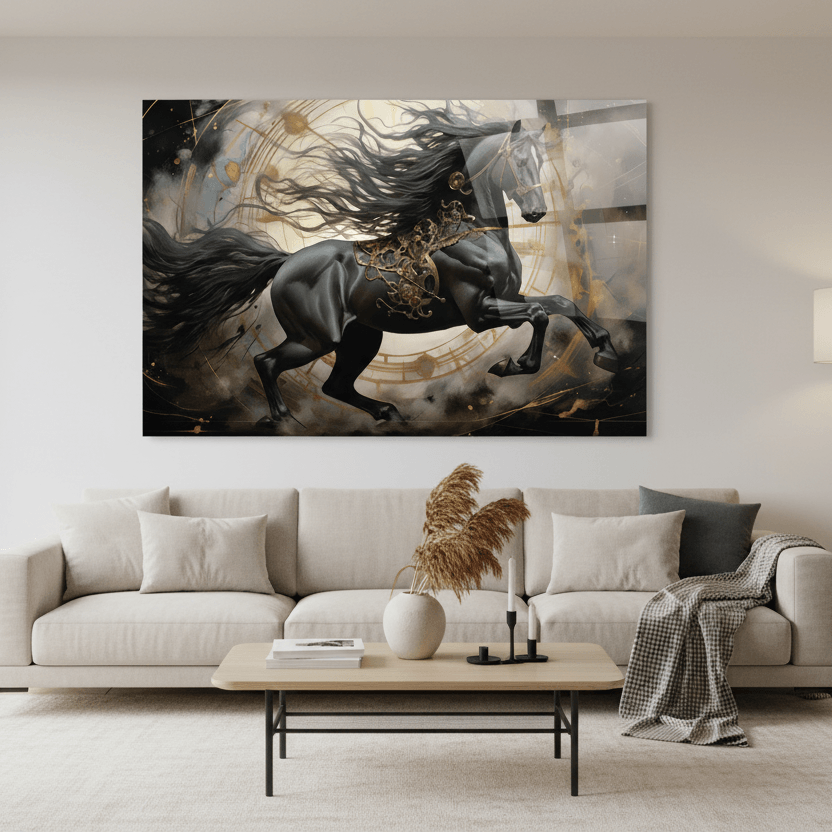 Cheval Noir Tableau en Verre Trempé