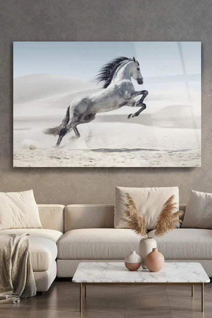 White Horse Glass Wall Art - LUXARTDECO