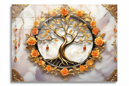 Tree and Roses Glass Wall Art - LUXARTDECO