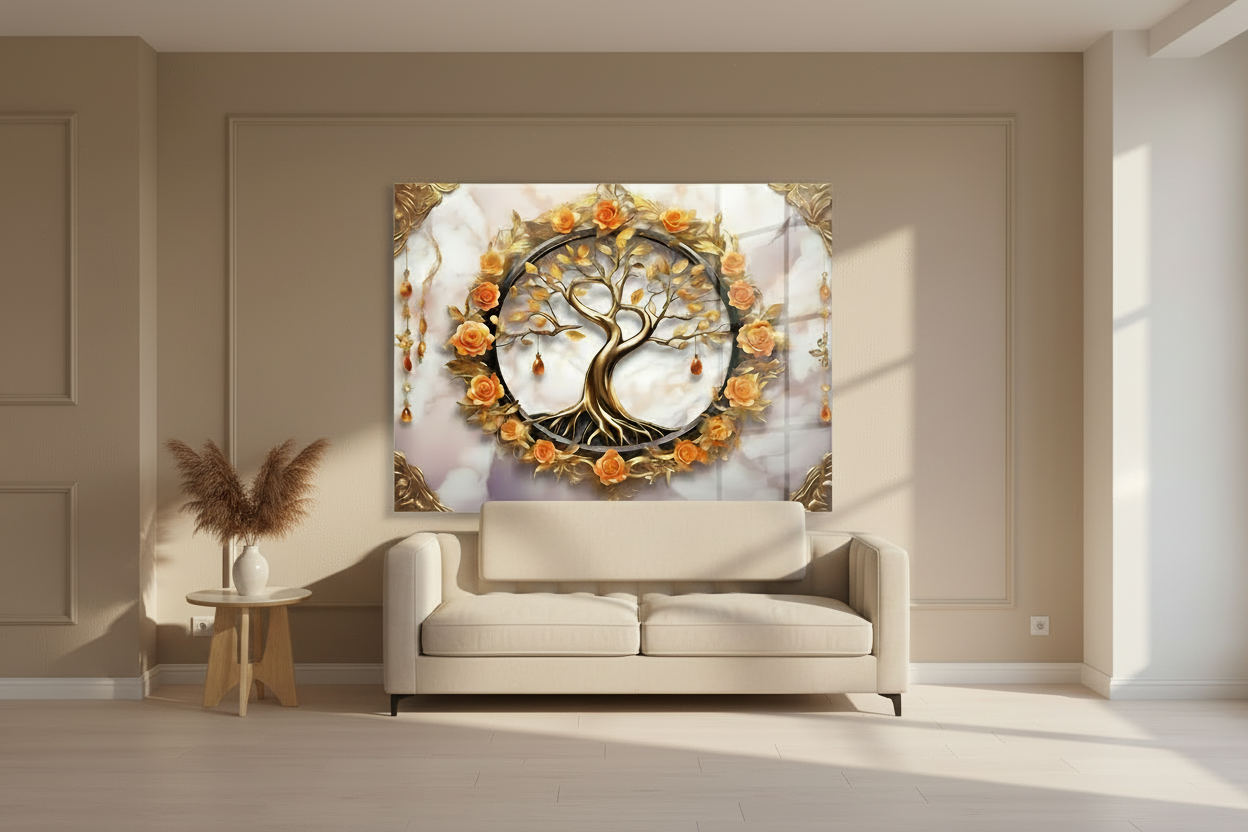 Tree and Roses Glass Wall Art