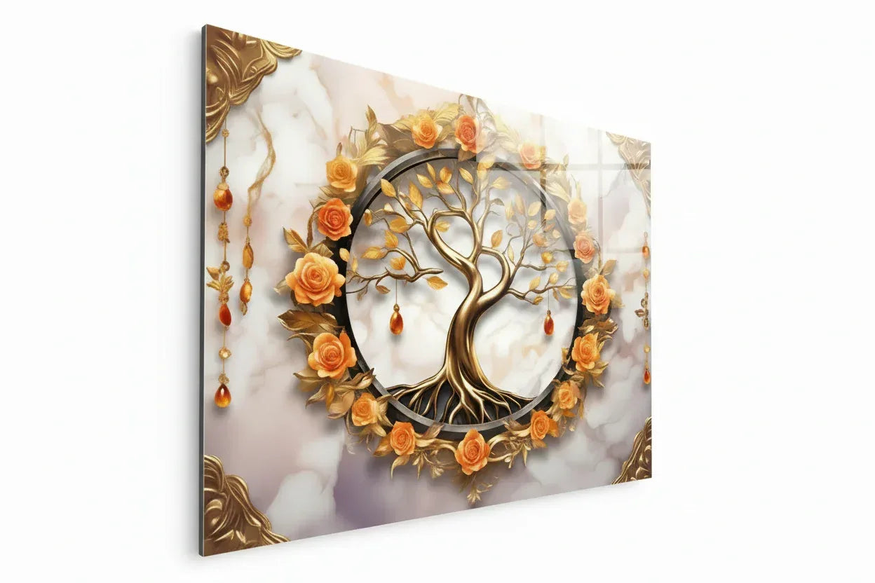 Tree and Roses Glass Wall Art - LUXARTDECO