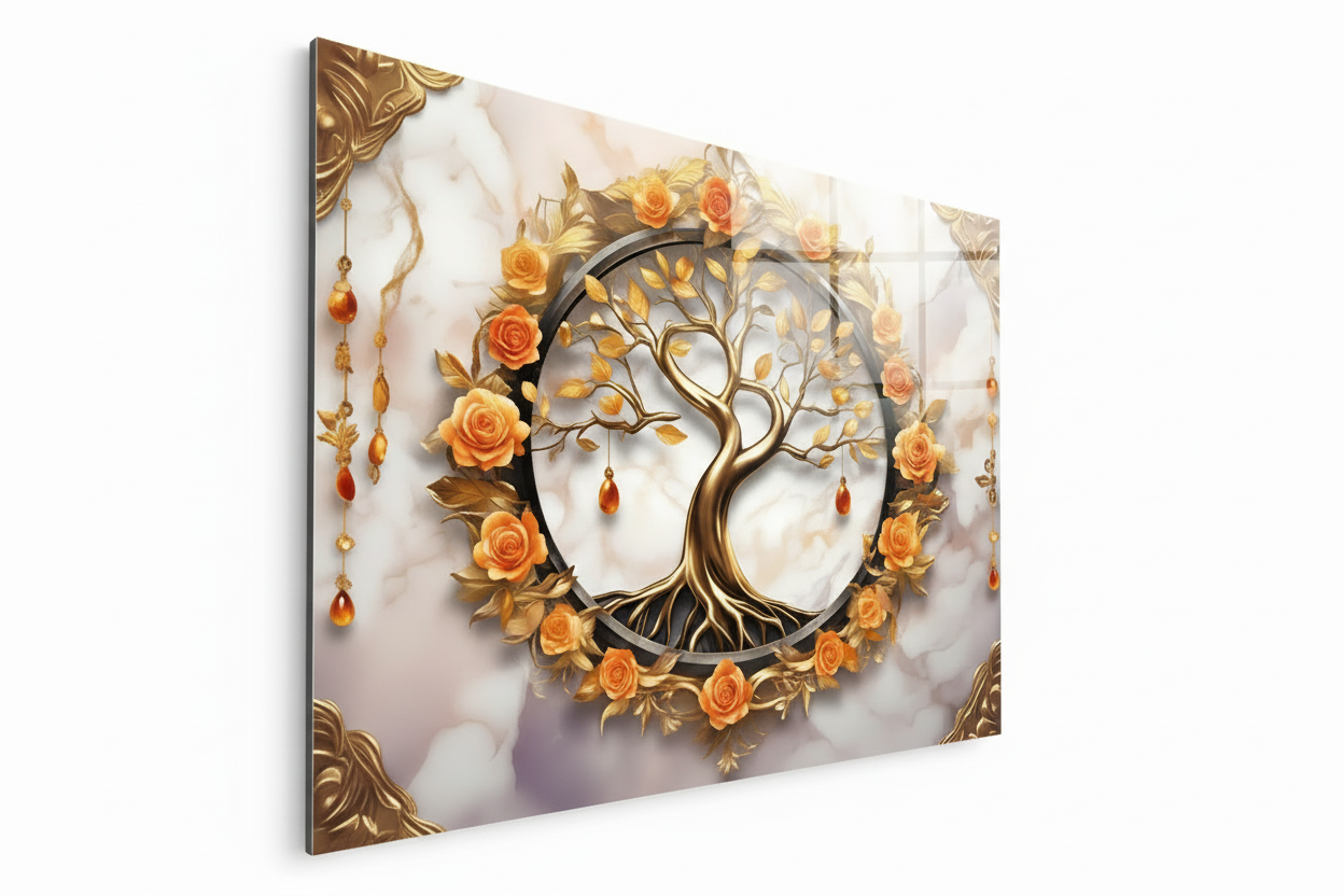 Tree and Roses Glass Wall Art