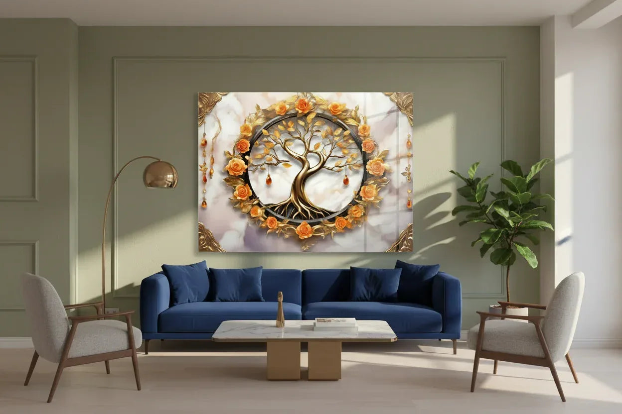 Tree and Roses Glass Wall Art - LUXARTDECO