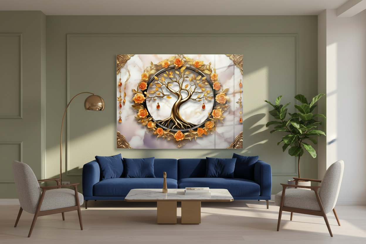 Tree and Roses Glass Wall Art