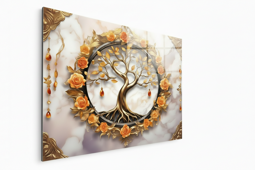 Tree and Roses Glass Wall Art