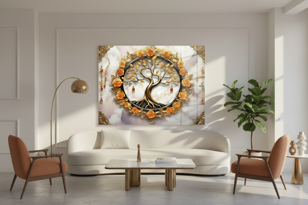Tree and Roses Glass Wall Art