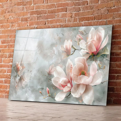 Pink Magnolia Glass Wall Art - LUXARTDECO