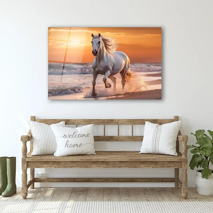 White Horse Glass Wall Art - LUXARTDECO