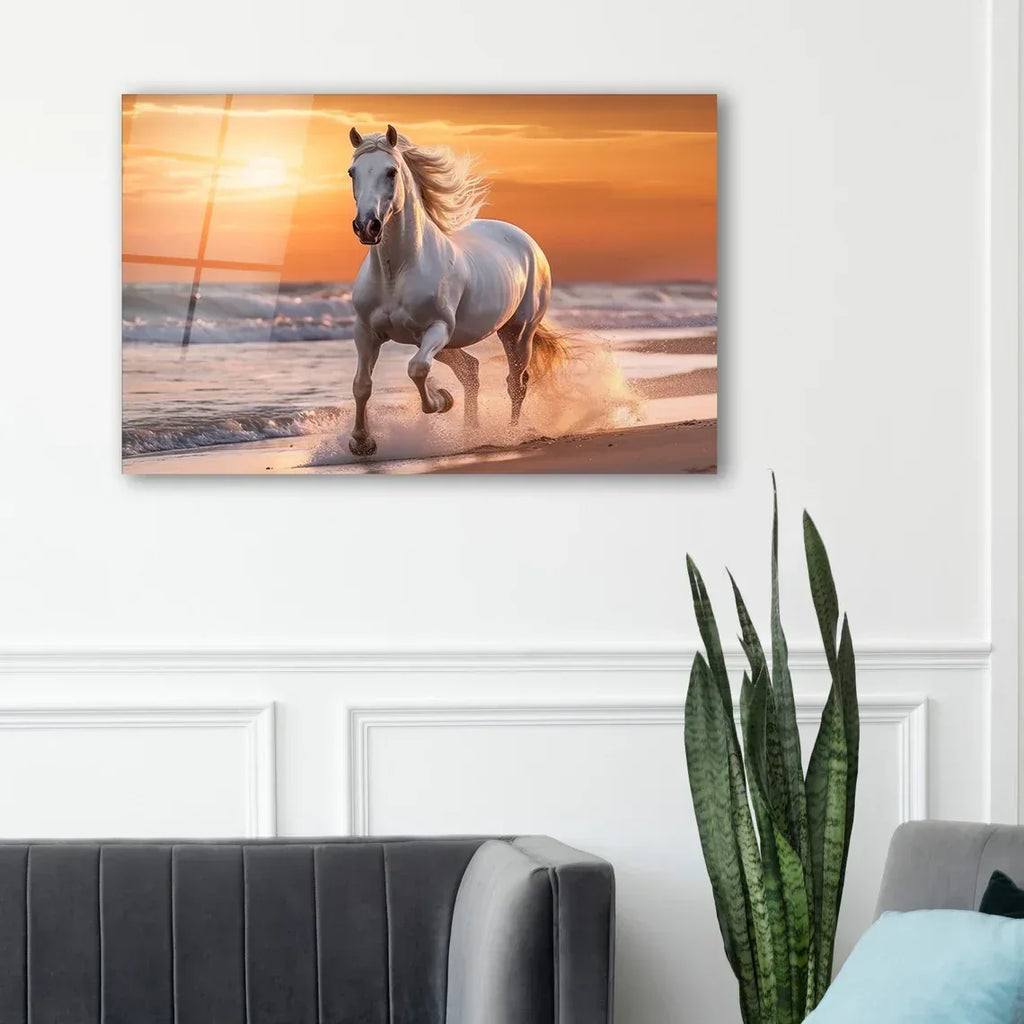 White Horse Glass Wall Art - LUXARTDECO