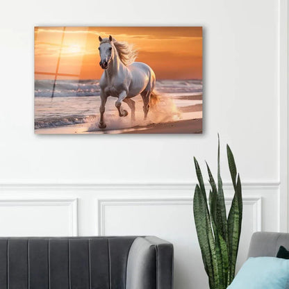 White Horse Glass Wall Art - LUXARTDECO