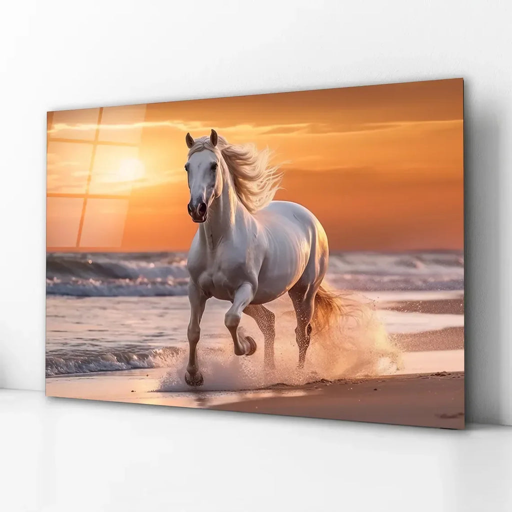 White Horse Glass Wall Art - LUXARTDECO