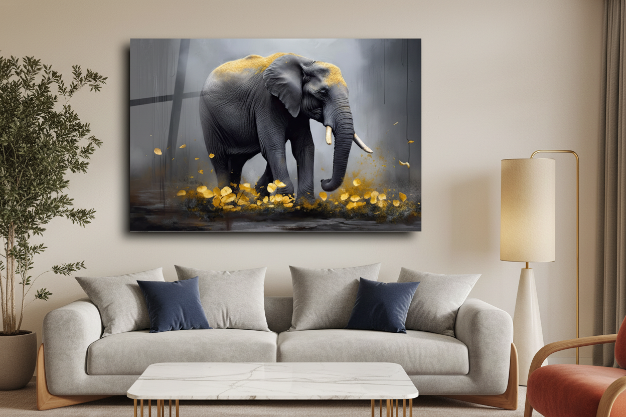 Walking Elephant Glass Wall Art