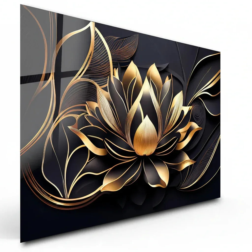 Black Gold Lotus Glass Wall Art - LUXARTDECO