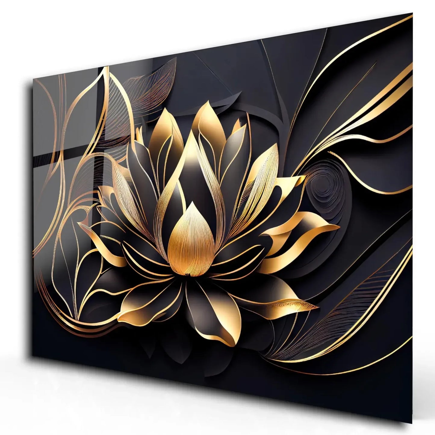 Black Gold Lotus Glass Wall Art - LUXARTDECO