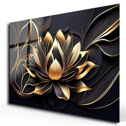 Black Gold Lotus Glass Wall Art - LUXARTDECO