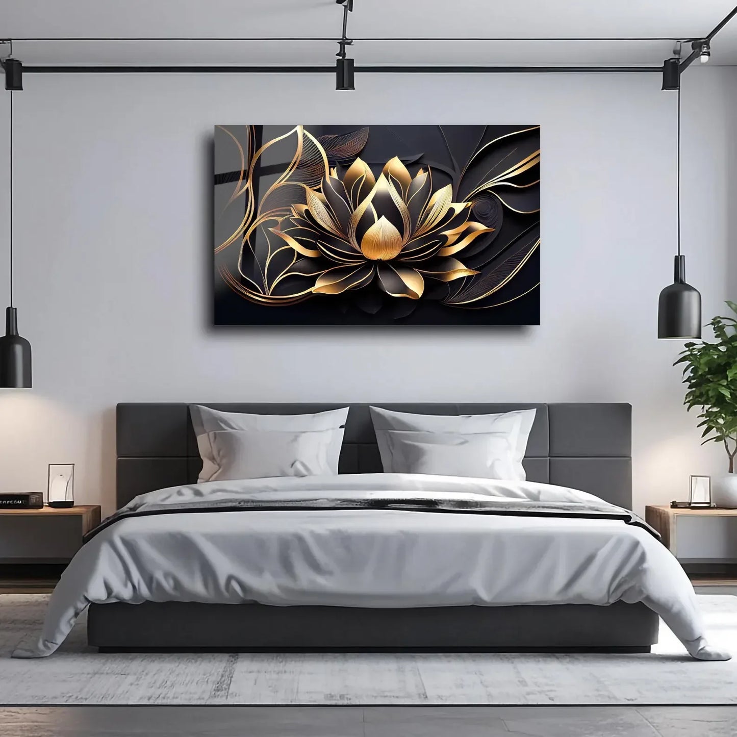 Black Gold Lotus Glass Wall Art - LUXARTDECO