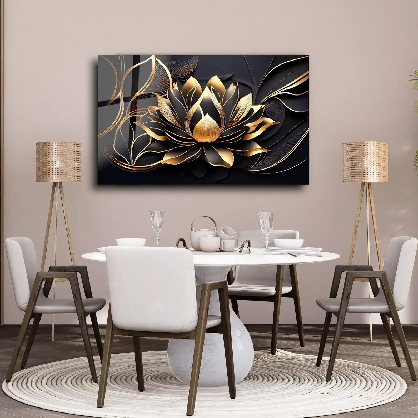 Black Gold Lotus Glass Wall Art - LUXARTDECO