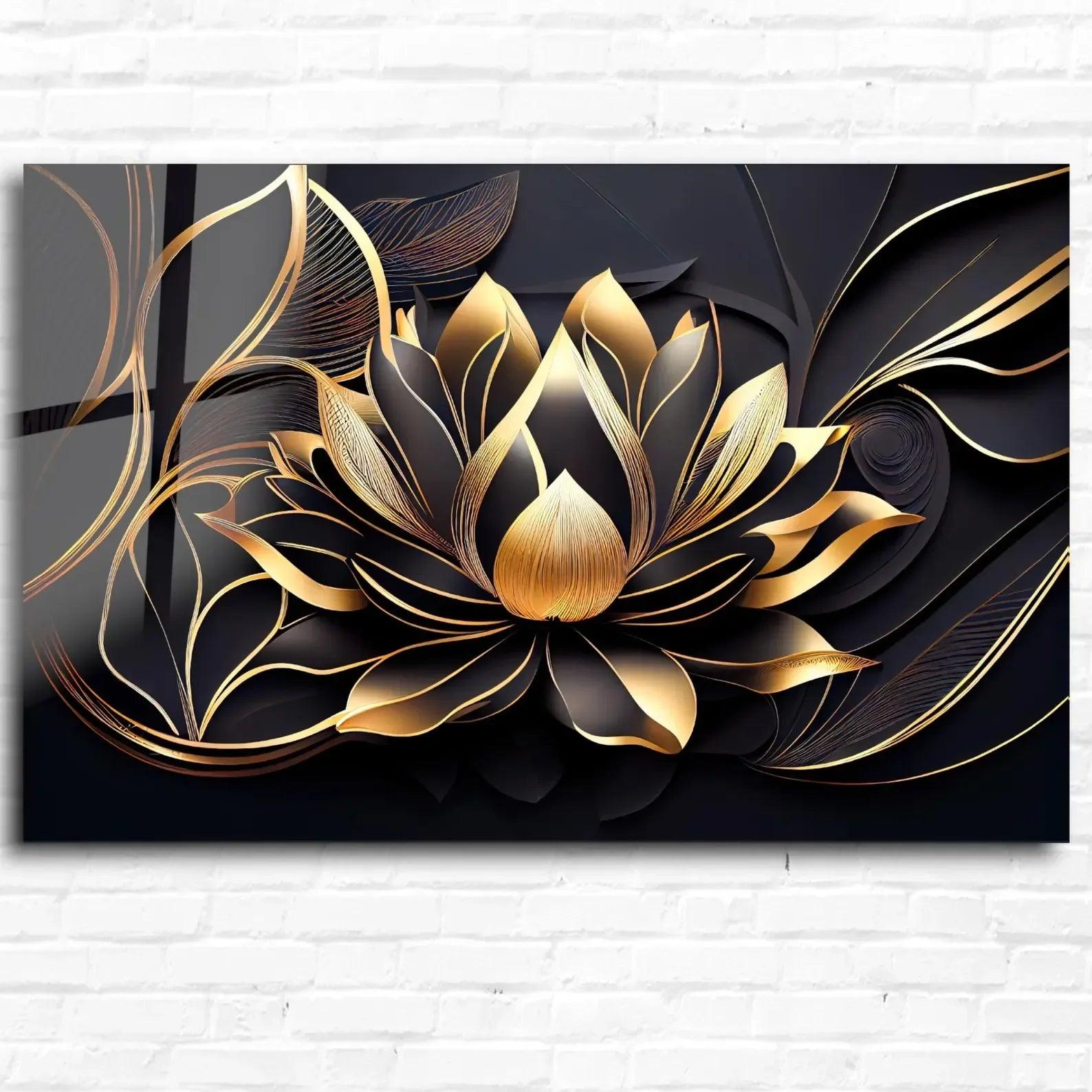 Black Gold Lotus Glass Wall Art - Designer Collection | LUXARTDECO