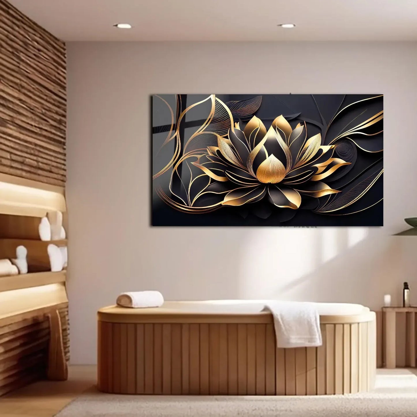 Black Gold Lotus Glass Wall Art - LUXARTDECO