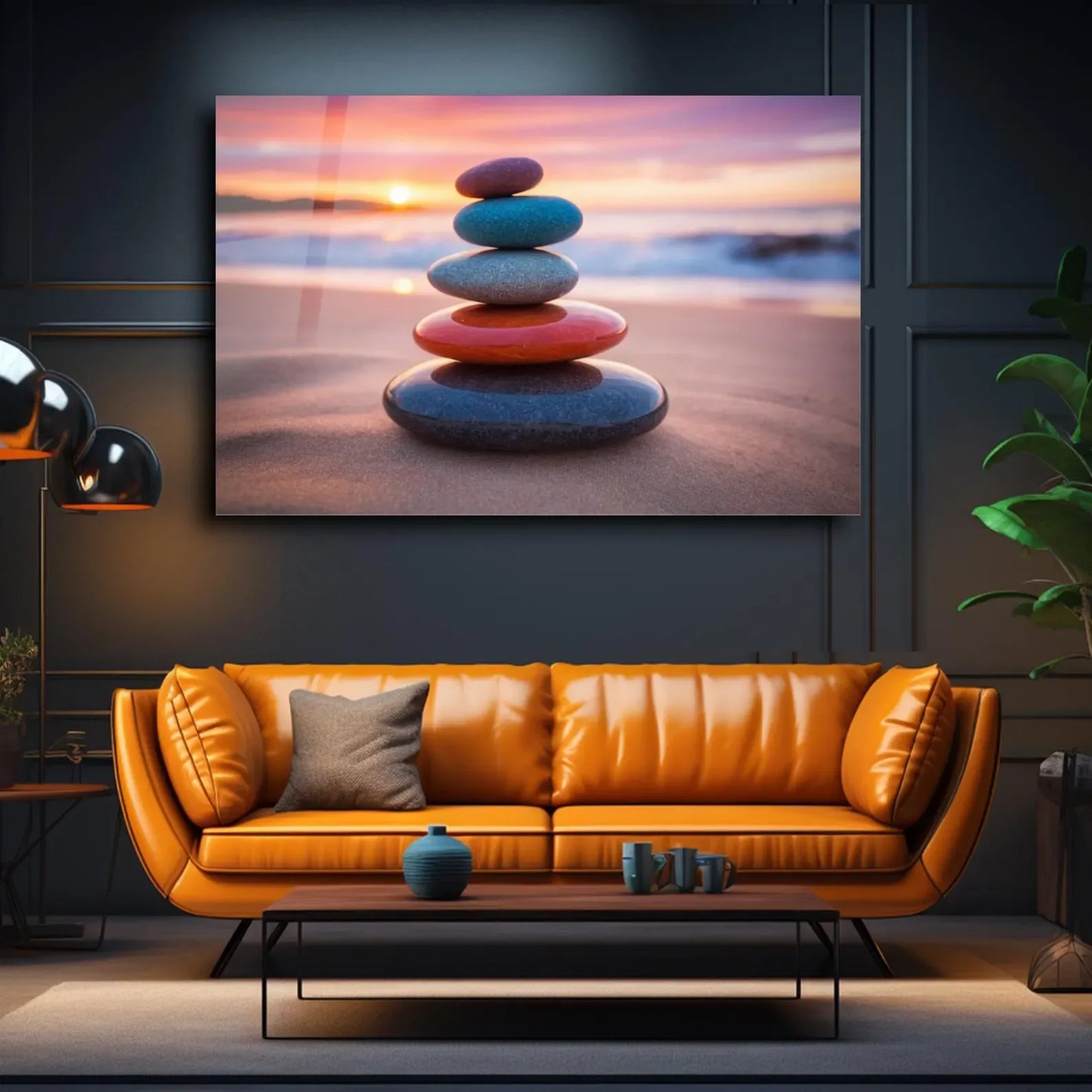 Zen Stones Sunset Beach Glass Wall Art - LUXARTDECO