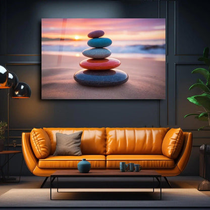 Zen Stones Sunset Beach Glass Wall Art - LUXARTDECO