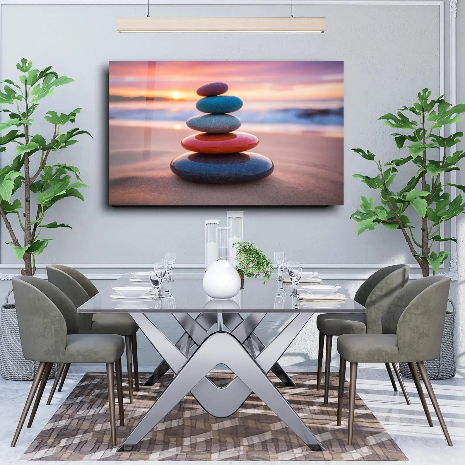 Zen Stones Sunset Beach Glass Wall Art - LUXARTDECO