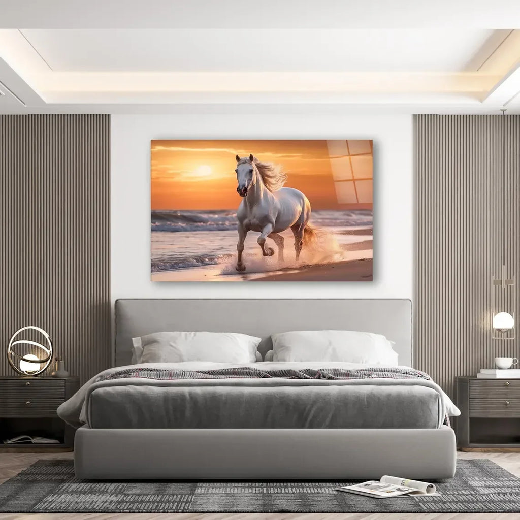 White Horse Glass Wall Art - LUXARTDECO