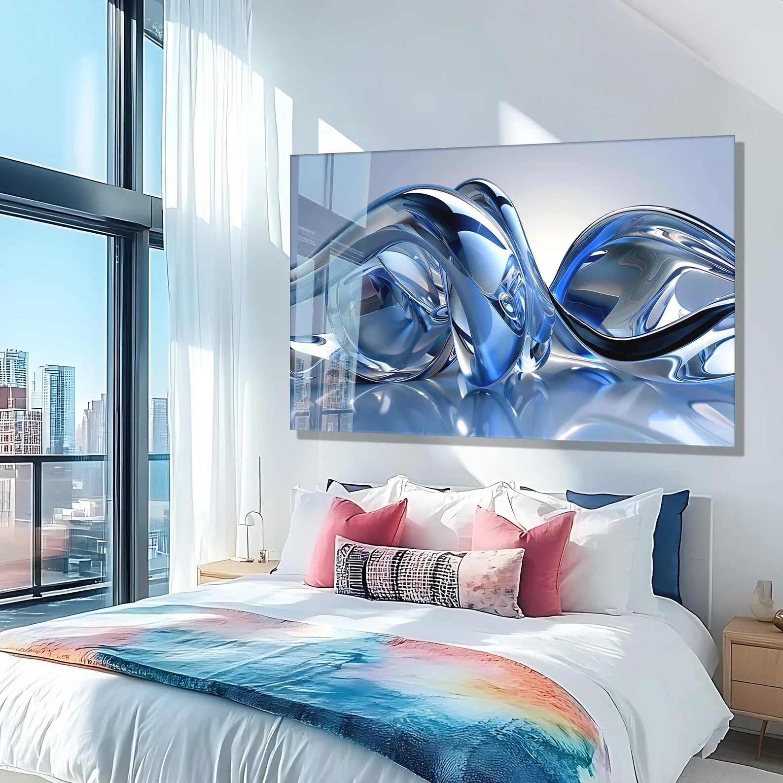 Blue Silver Lines Glass Wall Art - LUXARTDECO