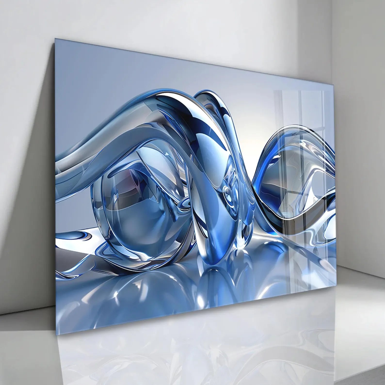 Blue Silver Lines Glass Wall Art - LUXARTDECO