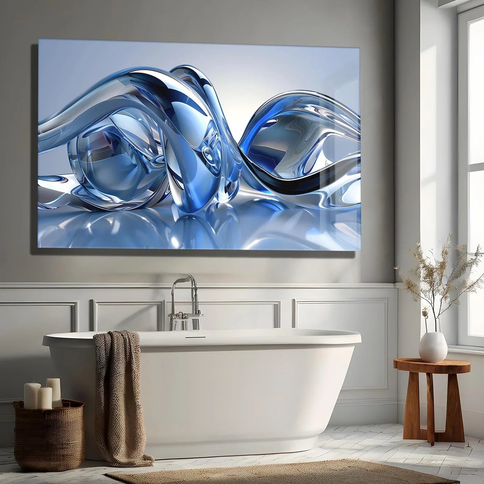 Blue Silver Lines Glass Wall Art - LUXARTDECO